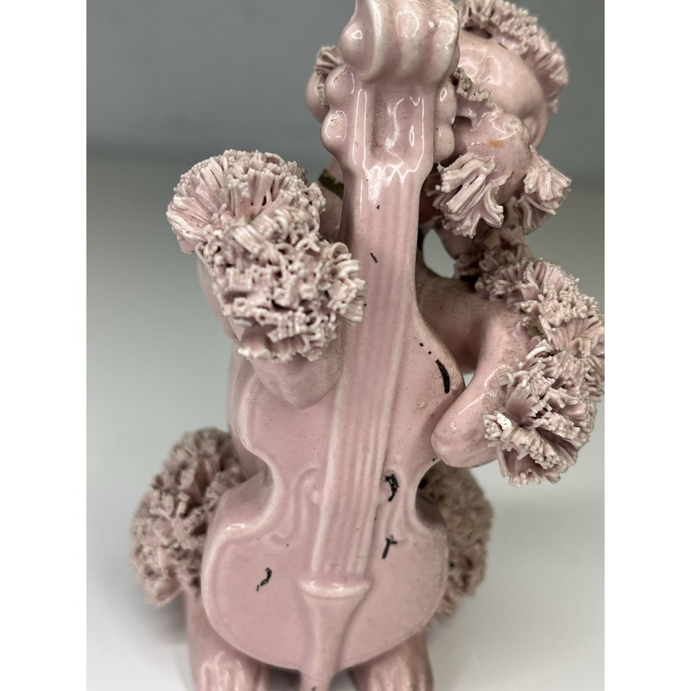 Vintage Pink Spaghetti Poodle Figurine Playing Cello Instrument Dog Puppy Rare - Picture 2 of 9